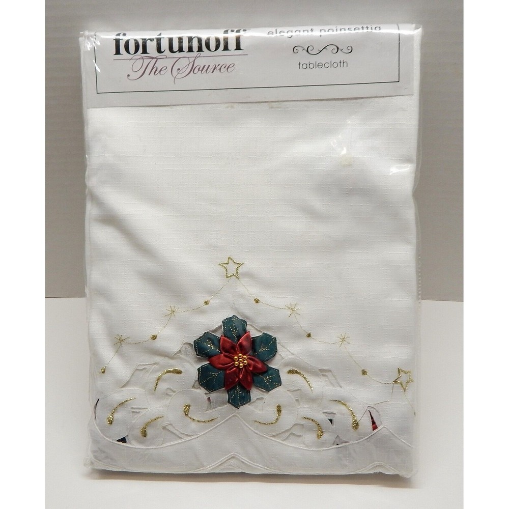 Holiday Christmas Ribbon Poinsettia White Tablecloth Cut Cloth Gold Thread NOS